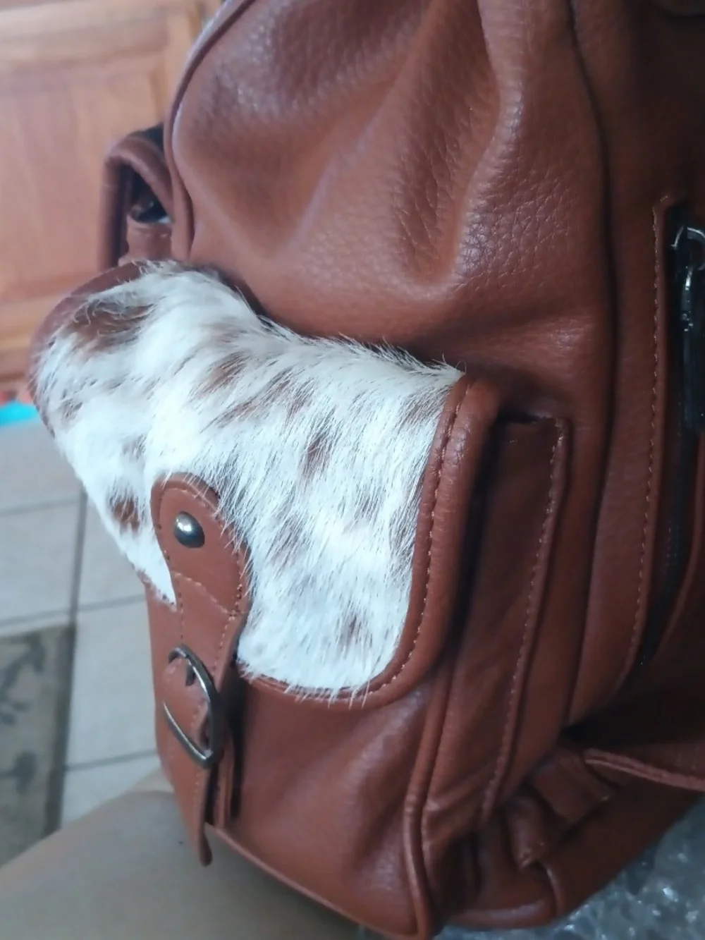 Wrangler Brown Faux Leather Backpack with Cowhide Accent